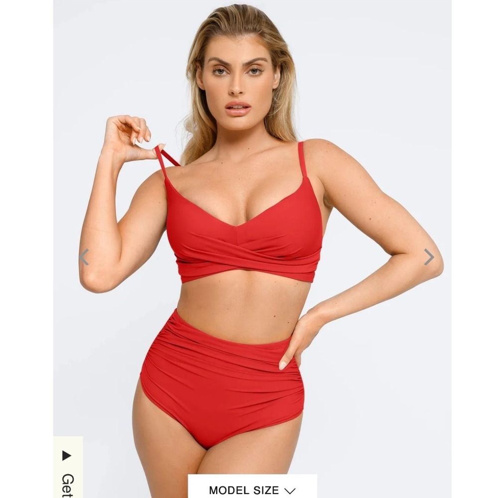 Popilush Red Twist Front High Waisted Tummy Control Bikini Set XL NWT